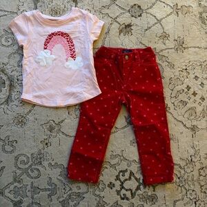 Pink Rainbow Tee and Red Polka Dot cordory Pants Set 2T